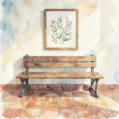 Soft wash painting of an empty waiting bench under a framed botanical print, ter