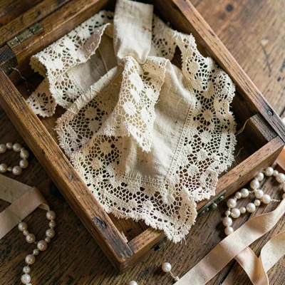 Warm overhead of antique lace trim spilling from a wooden box, faded ribbons and