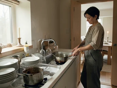 A kitchen sink full of dishes after a dinner party, plates stacked in soapy wate