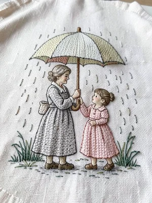 A grandmother and grandchild sharing an umbrella in the rain, raindrops as tiny 