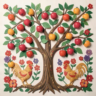 Polish wycinanki paper cut illustration, apple tree branches heavy with fruit , 