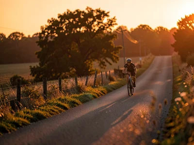 Cyclist on country road at dusk
