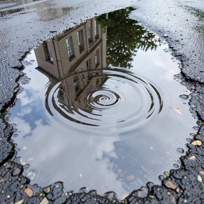 Ripple disrupting puddle reflection, concentric circles from a raindrop warping 