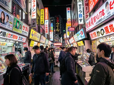 Tokyo arcade at peak hours, information screaming from every direction, sensory 