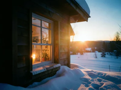 Candlelit window in snow-covered house, warm interior glow against blue hour