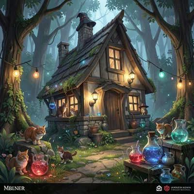 Video game concept art illustration, a witch's cottage in enchanted forest, poti