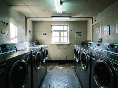 Laundromat interior under harsh mixed lighting