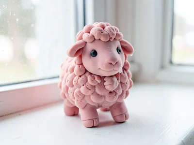 Fluffy dusty-rose sheep with thumb-pressed wool tufts and fingernail-pressed eye
