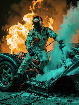 Racing driver climbing from wreck, flames orange behind, fire suppression foam t