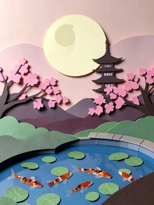 A Japanese garden: moon circle in back layer, pagoda silhouette, cherry blossom 