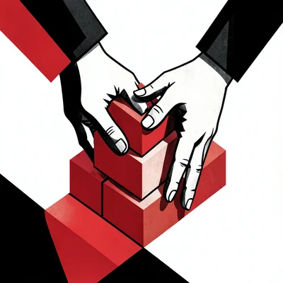 Workers' hands arranging bricks — hands and bricks as angular stacked geometry