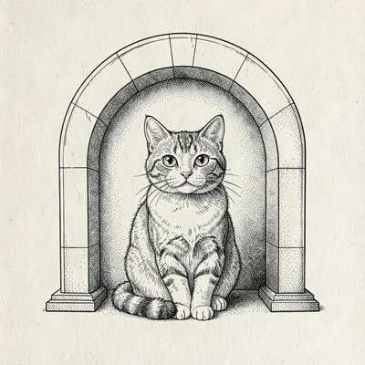 Pen-ink character study of a cat protected under a stylised arch, expressive lin
