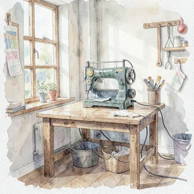 Watercolor wash of a tidy small workshop with a sock-knitting machine on a woode