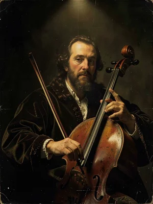 Cellist in darkness, only the bow arm and half the face lit by a single overhead