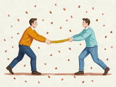 Two flat-painted figures pull a bright mustard rope diagonally across a cream ba