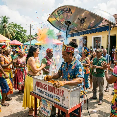 Carnival saturation explosion in Port of Spain, Trinidad, Doubles vendor at Quee