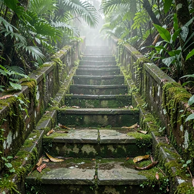 Tropical weathered surfaces, humid atmosphere, Stone steps worn smooth in the ce