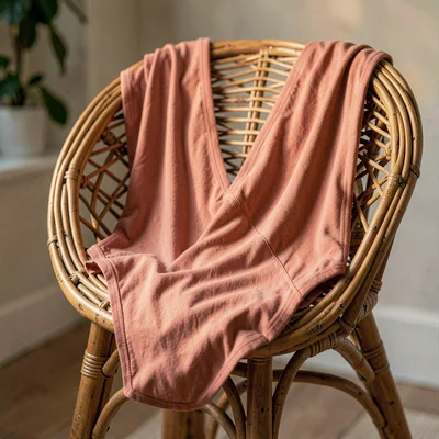 Warm-toned garment portrait of a deep-V swimsuit in faded coral, draped on a wic