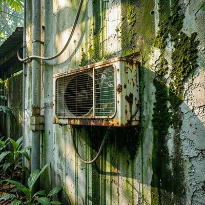 Tropical weathered surfaces, humid atmosphere, Air conditioning unit rusted in p