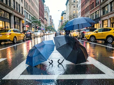 Umbrellas compressed in rainy crosswalk