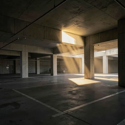Empty parking garage at golden hour with light shafts through gaps