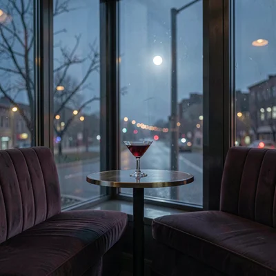 Vertical nocturnal scene of a tall window booth with a single martini on the tab