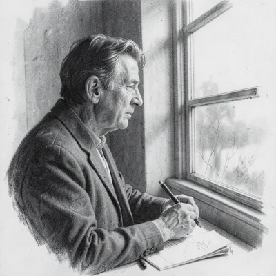 charcoal study of a writer in profile at a window, soft graphite haze, generous