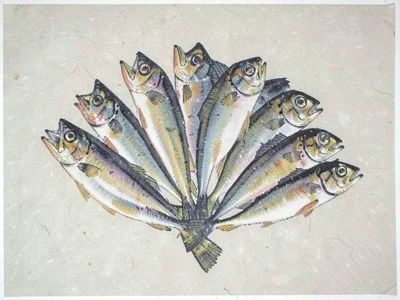 Mackerel fish arranged in a fan pattern on pale washi paper