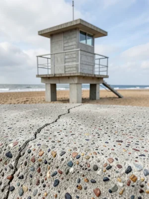 Concrete lifeguard tower on beach, modernist design, summer sky