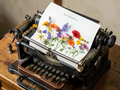 Printing press that prints living flowers, stems growing from freshly printed pa
