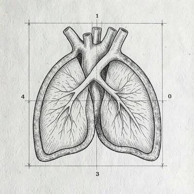 Blueprint study of a feline heart and lung cross section, layered ink linework, 