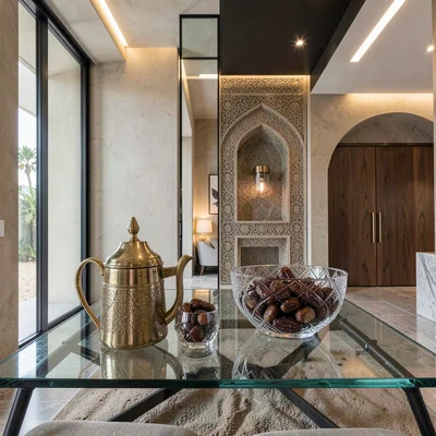 Contemporary Gulf photograph with heritage contrasts, Arabic coffee service on g