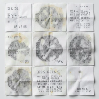 Mosaic grid of receipt fragments arranged in perfect square grid, each snippet a