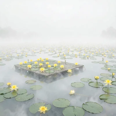Floating raft of yellow water-lilies, the pond beyond uncountable, swallowed wit
