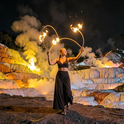 Rotorua geothermal landscape, active earth palette, Woman performing poi dance, 