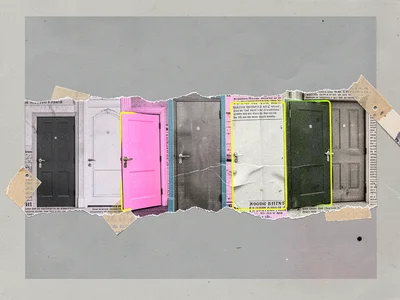 A row of doors cut from halftone architectural photos lined along a torn newspri