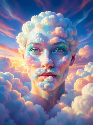 Face composed of cloud formations, sky background, features visible in cumulus s