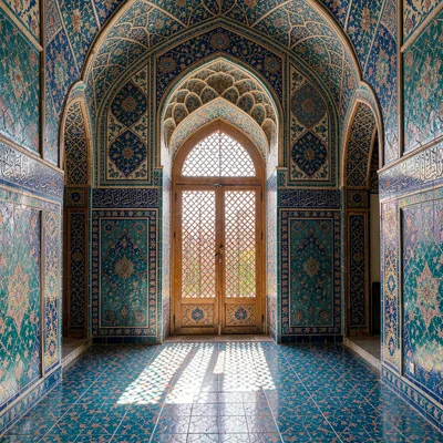 Isfahan Safavid tilework, turquoise geometric infinity, Sunlight streaming throu