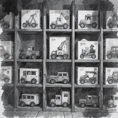 Charcoal of a wall of shelved boxed toys, soft darks pooling at the corners