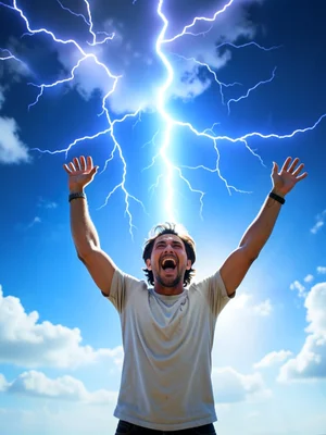 Excitement — person with personal lightning storm above them, energetic, no dama