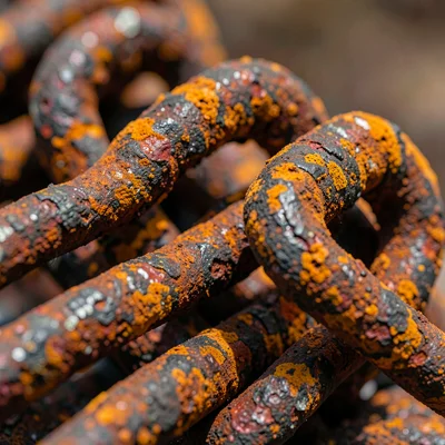 Rusted chain links close-up, each link with unique oxidation pattern, industrial