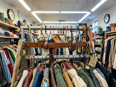 Belt rack spinning, leather and canvas and braided, accessories abundant