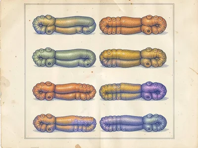 Seven sea cucumber species arranged in a careful descending grid with delicate s