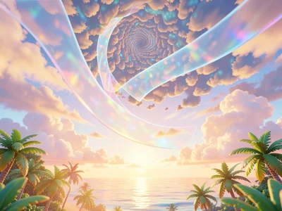 Ribbon-shaped translucent banner curling above a tropical horizon at golden hour