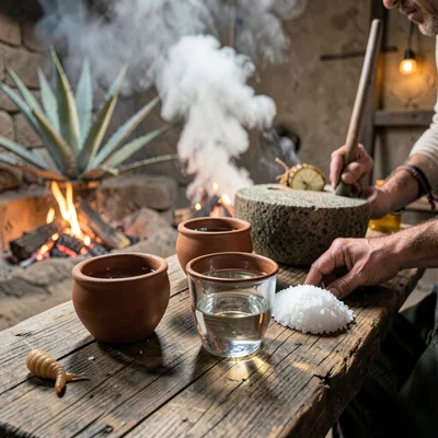 Oaxacan mezcal process, palenque atmosphere, Clay cups filled with clear mezcal 