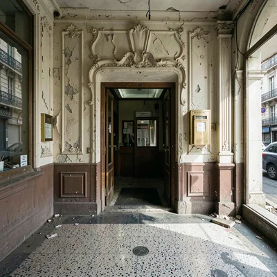 Buenos Aires faded grandeur, belle époque decay, An art deco cinema entrance wit