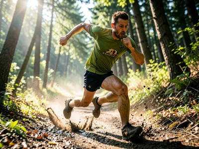 Runner sprinting on a forest trail, spring morning light, mud splashing from sho