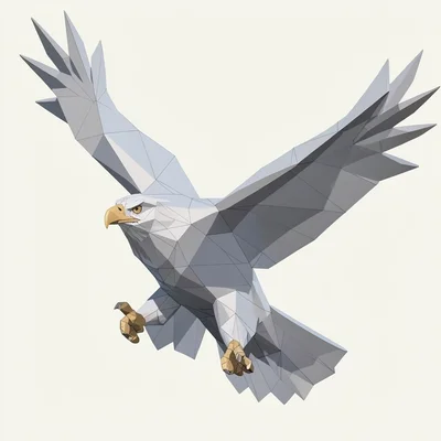 Low-poly illustration, faceted eagle in flight , faceted geometric surfaces, tri