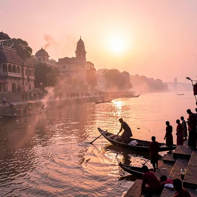 Varanasi ghat dawn, Ganges pink-gold light, boatman rowing through morning mist,