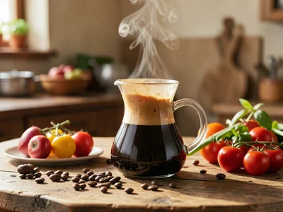 Pour-over coffee setup with glass carafe, wooden counter, steam rising, beans sc